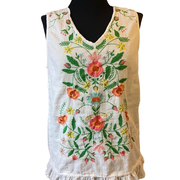 EVY’s Tree Beautiful Sleeveless Embroidered 100% Cotton Ruffled Tank Top Blouse - Picture 8 of 16
